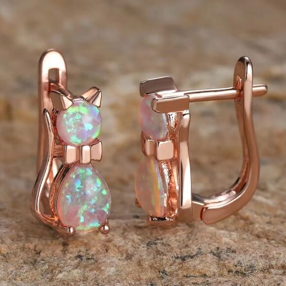 💖Rose Gold Colored Sparkly Opalescent Cat Earrings🌸 - Picture 10 of 15